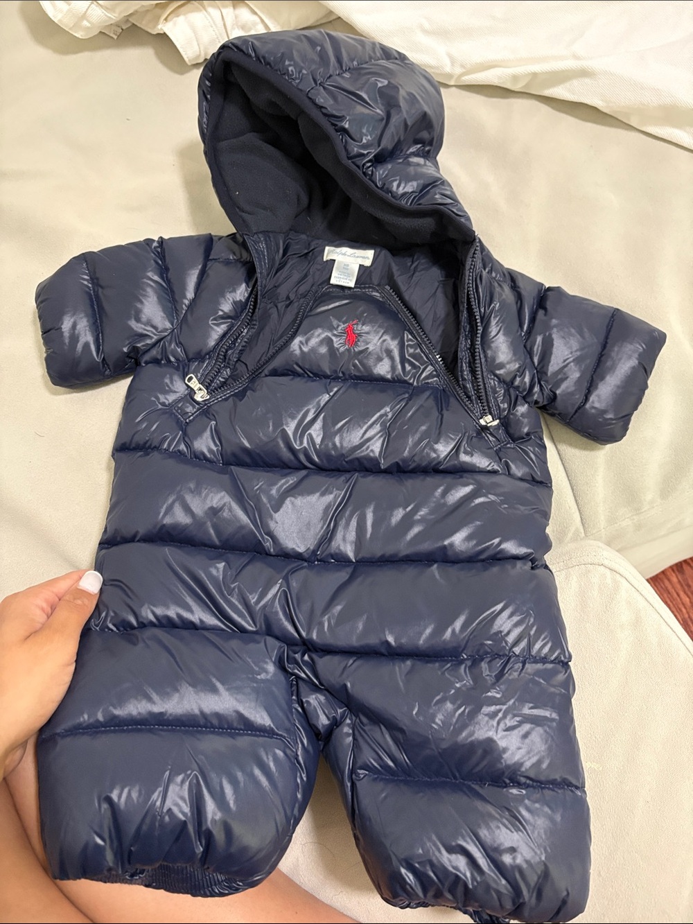 Ralph Lauren Navy Shiny Quilted Baby Snowsuit with Hood